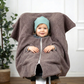 Kindersitzponcho aus Wollwalk in Haselnuss - warm und mitwachsend ab 6 Monaten bis 12 Jahren