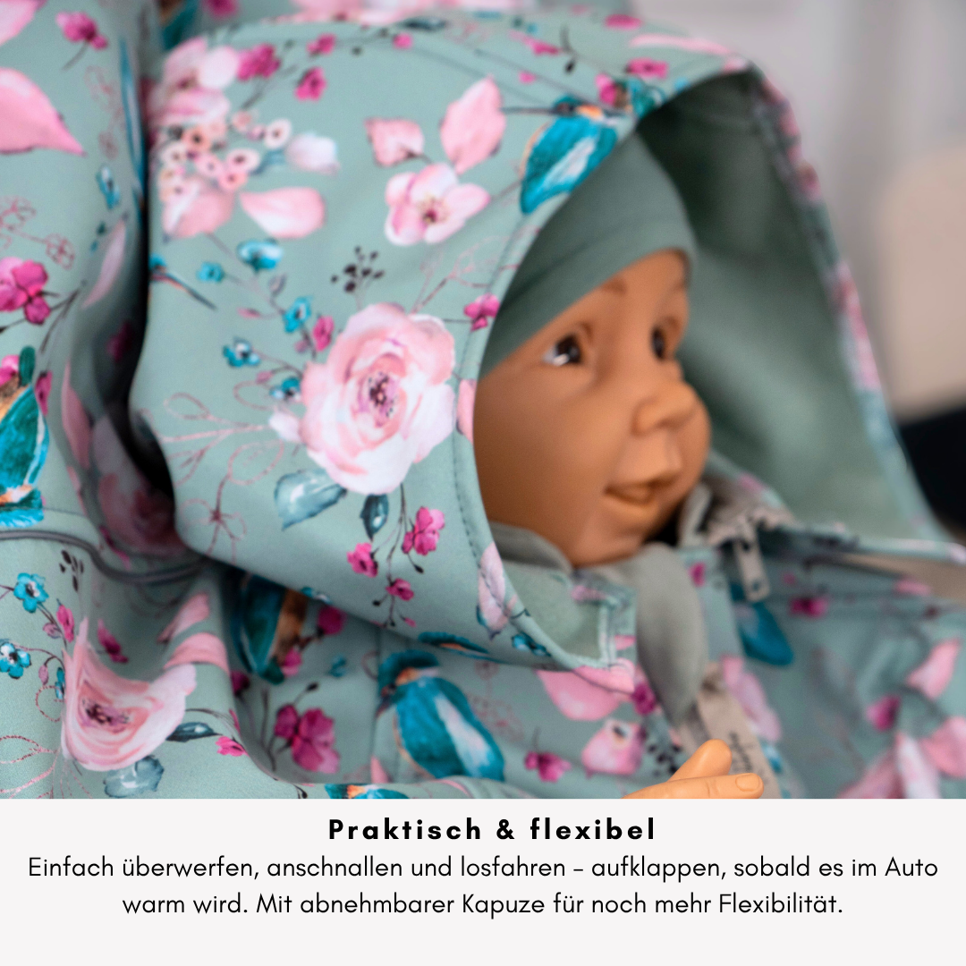 XL Kindersitzponcho Softshell – mit reflektierenden Details und Kapuze