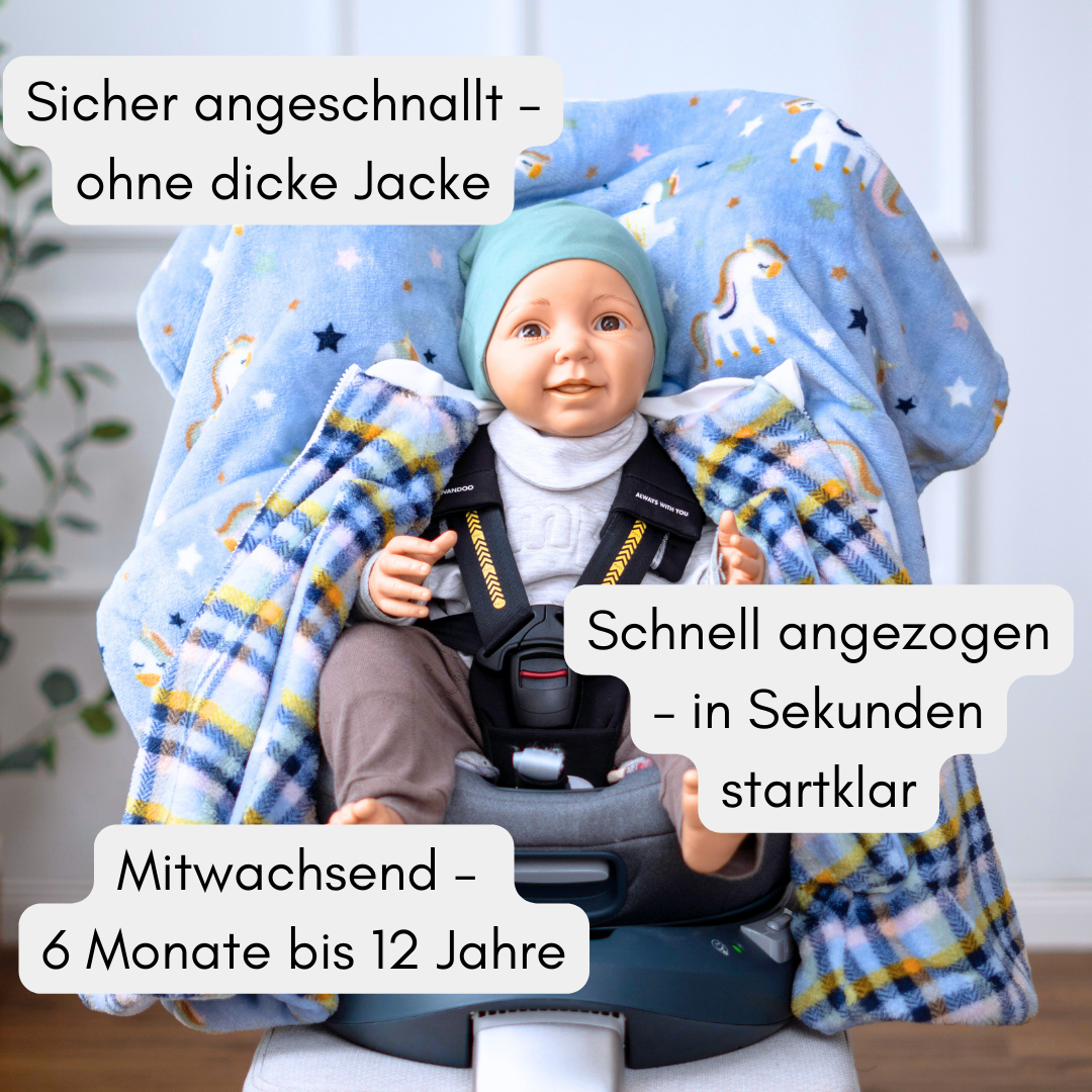 Fleece-Kindersitzponcho aufgeklappt – sicher angeschnallt ohne Jacke