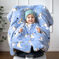 Kindersitzponcho aus Fleece - flauschiges Einhorn blau - warm und mitwachsend ab 6 Monaten bis 12 Jahren