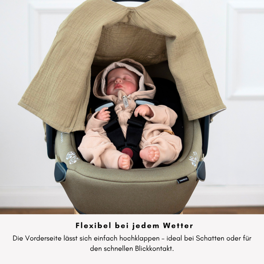 Sun-Cover für Babyschale - Olive mit Fahrzeugen – Leicht, Atmungsaktiv & Mit Sichtfenster
