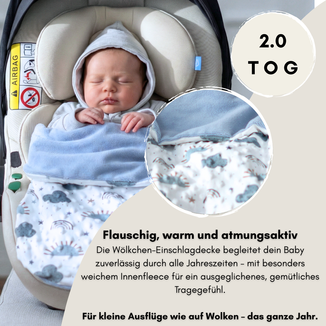 Einschlagdecke für das ganze Jahr - Wölkchen blau ( mit Bambusfleece)