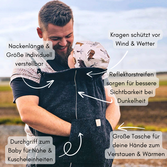 Tragecover für Babytragen mit verstellbarer Größe und Nackenweite, Reflektorstreifen, Kragenschutz, Handwärmertasche und Durchgriff für Nähe zum Baby