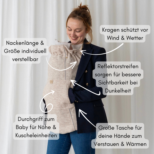 Tragecover für Babytragen mit verstellbarer Größe und Nackenweite, Reflektorstreifen, Kragenschutz, Handwärmertasche und Durchgriff für Nähe zum Baby
