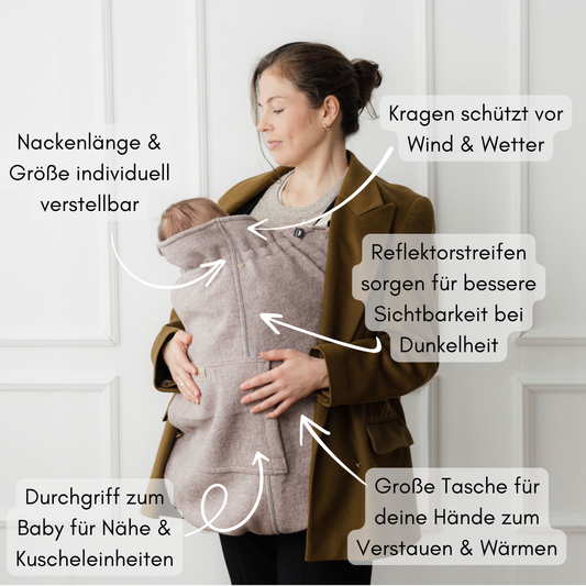 Tragecover für Babytragen mit verstellbarer Größe und Nackenweite, Reflektorstreifen, Kragenschutz, Handwärmertasche und Durchgriff für Nähe zum Baby