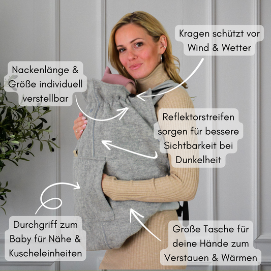 Tragecover für Babytragen mit verstellbarer Größe und Nackenweite, Reflektorstreifen, Kragenschutz, Handwärmertasche und Durchgriff für Nähe zum Baby