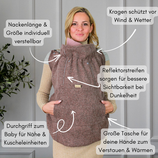 Tragecover für Babytragen mit verstellbarer Größe und Nackenweite, Reflektorstreifen, Kragenschutz, Handwärmertasche und Durchgriff für Nähe zum Baby
