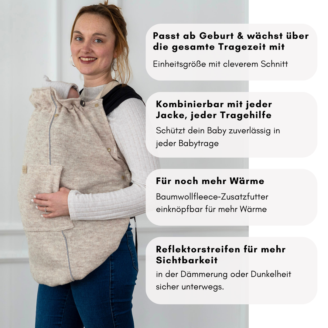 Mitwachsendes Tragecover für alle Babytragen – Einheitsgröße ab Geburt, kombinierbar mit jeder Jacke, mit einknöpfbarem Baumwollfutter und Reflektorstreifen für Sicherheit