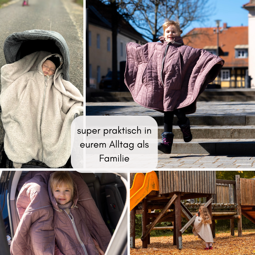 XL Kindersitzponcho aus kuscheligem Stoff – warm, bequem & alltagstauglich im Kindersitz, Buggy, Fahrradanhänger und als Jackenersatz 