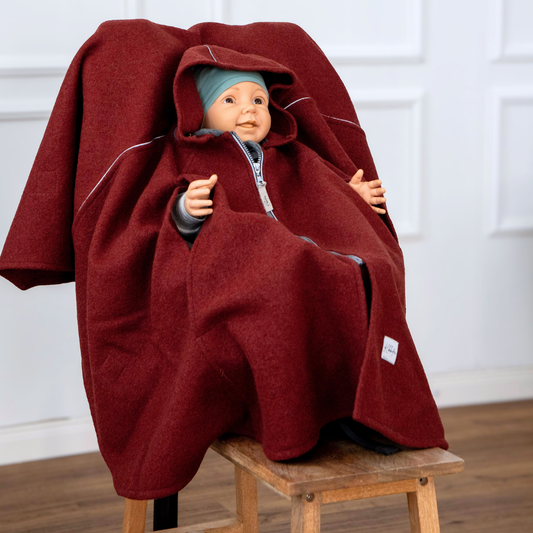 XL Kindersitzponcho aus Wollwalk – mitwachsend für größere Kinder im Auto-Kindersitz in Terra