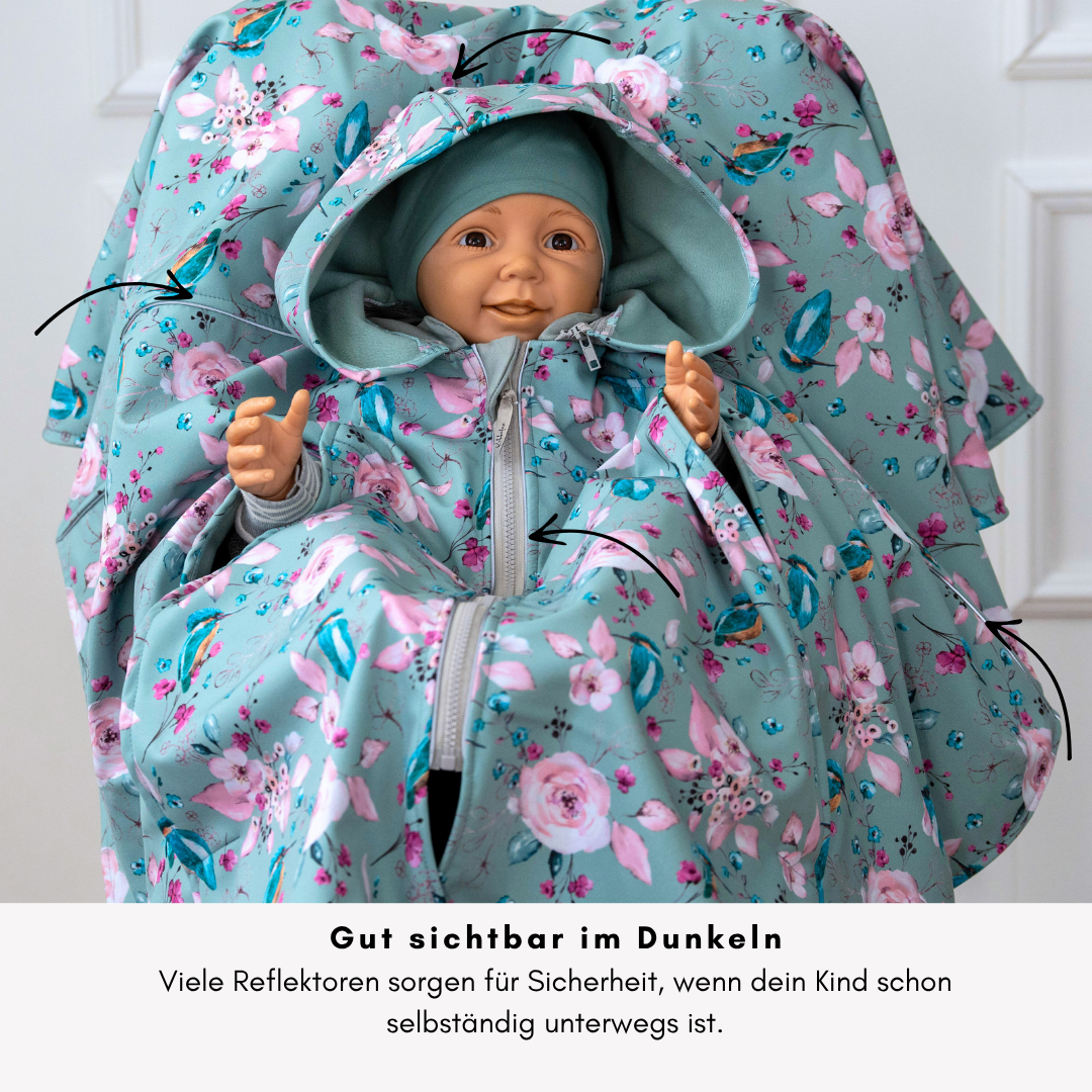 XL Kindersitzponcho Softshell – funktional, wetterfest, reflektierend & mitwachsend