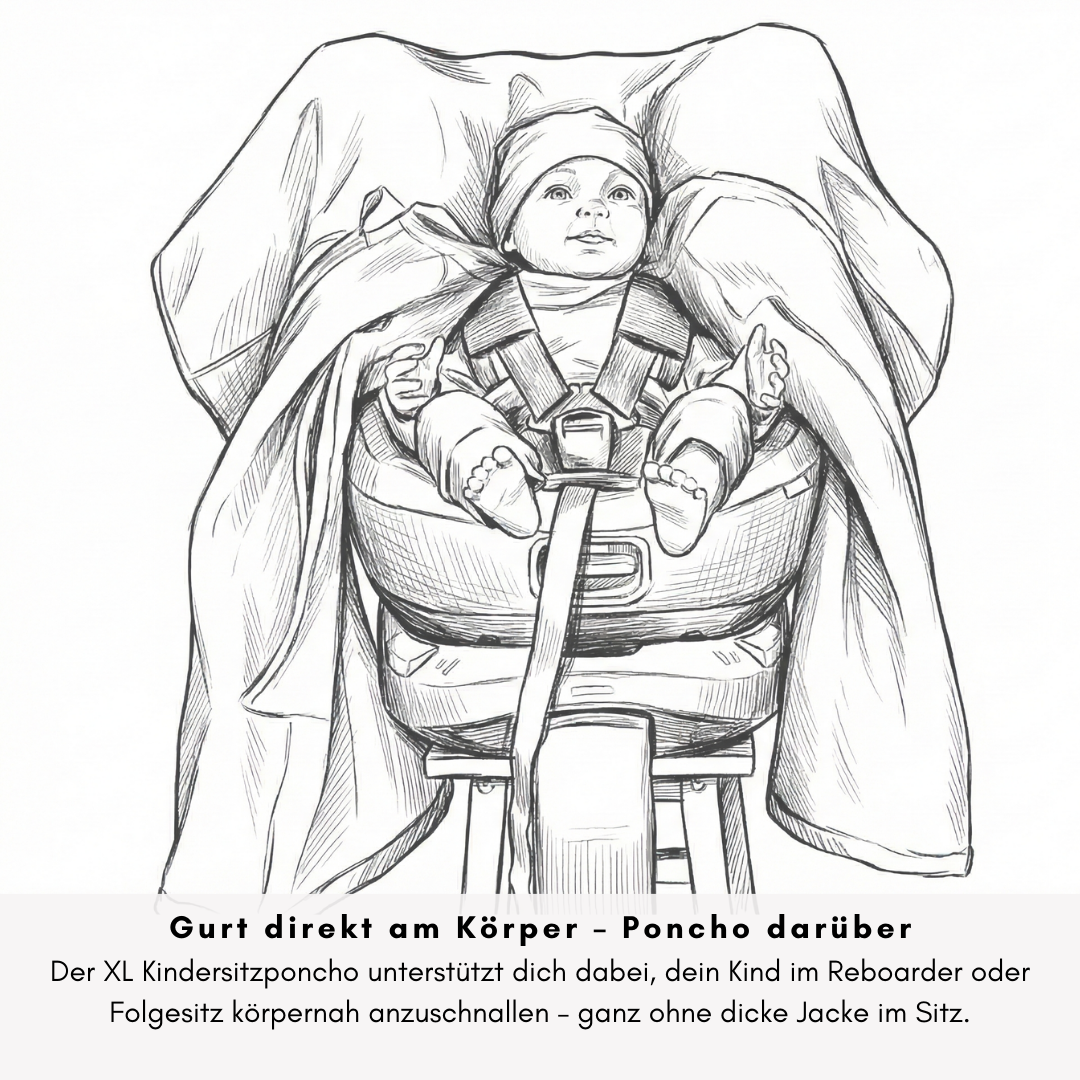 XL Kindersitzponcho im Reboarder – Poncho geöffnet, ermöglicht körpernahes Anschnallen im Kindersitz Auto